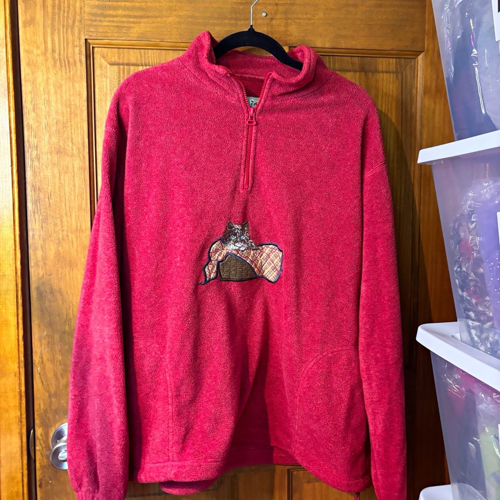 Vintage Northern Reflections Cat Fleece Pullover Quarter Zip Pink Women's Size L